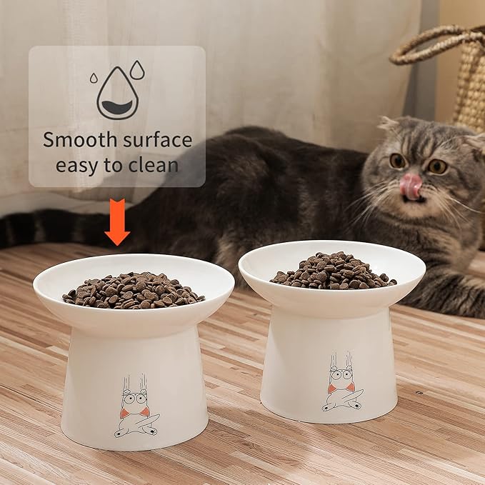 OMAYKEY 6.5 Inch Extra Wide Ceramic Raised Cat Bowls, Upgraded Elevated Porcelain Cat Food Water Bowl Dish, Stress Free Pet Feeder Bowls Dishes for Elder Big Cats & Small Dogs, White