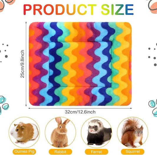 Haull 4 Pcs Waterproof Guinea Pig Bedding Winter Guinea Pig Bed Plush Cage Liners Soft Dog Cat Mat Reversible Winter Cozy Animal Pee Pad Hamster Bed Mat for Bunny (Rainbow,13 x 10 Inch)