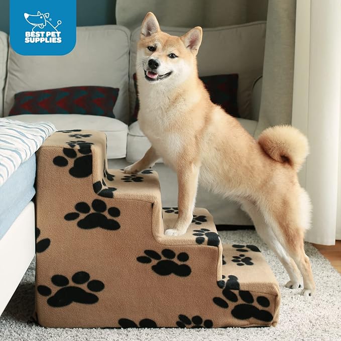 Best Pet Supplies Dog Stairs & Steps - Foam Steps for Small Dogs & Cats, Non-Slip Indoor Balanced Pet Step Support, Dog Ramp, No Assembly, Paw Print on Black, 4-Step (18-inch Height).