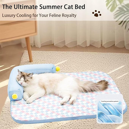 Summer Cooling Cat Bed-Cooling Cat Mat with 4.33inch Pillow for Kittens & Cats, Machine-Washable Cushion Calming Bed for Persian, Siamese, Small Pets (Blue-21"x15"x4")