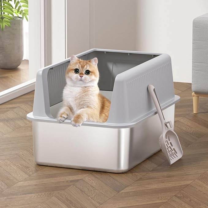 2PACK Stainless Steel Cat Litter Box with Lid,19.7” L x 13.8” W x 11.8”H Deep,Large Metal Litter Box with High Side,for Small and Large Cats,Anti-Leakage Non-Sticky Include Litter Scoop