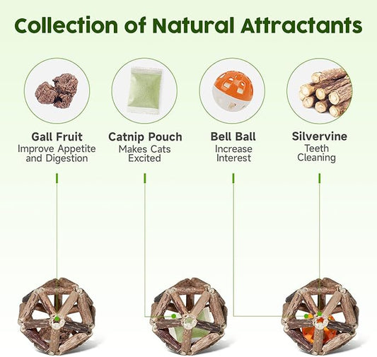 Potaroma Catnip Toys, 3Pcs Cat Toys Natural Silvervine Stick Cage Balls & Bell Ball for Indoor Cats, Kitten Cleaning Teeth Molar Matatabi Cat Chew Toy All Breeds