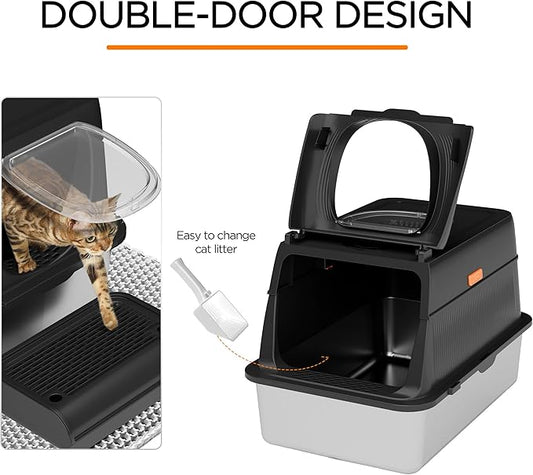 Citylife Stainless Steel Cat Litter Box with Lid,XL Extra Large Enclosed Removable Metal Litter Box with Litter Scoop&Double Layer Litter Mat,Non-Sticky,Non-Odor,Easy Cleaning, for Big Cats,Black