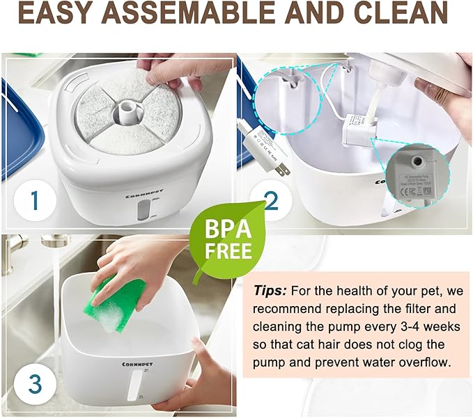 Stainless Steel Lid Cat Water Fountain 74Oz/2.2L Dog Fountain for Drinking - Dogs Drinking Waterer Bowls Indoor - Pet Water Fountain - Ultra Silent - Kitten Drinking Fountains with 3 Filters and 1 Mat