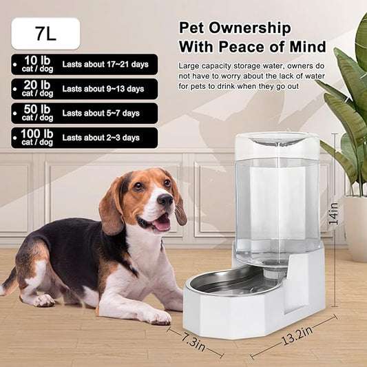 Sfozstra Dog Water Bowl Dispenser: 7L Large White Gravity Stainless Steel Bowl - Without Filter - Pet Feeder for Pets Indoor/Outdoor Use by Owners