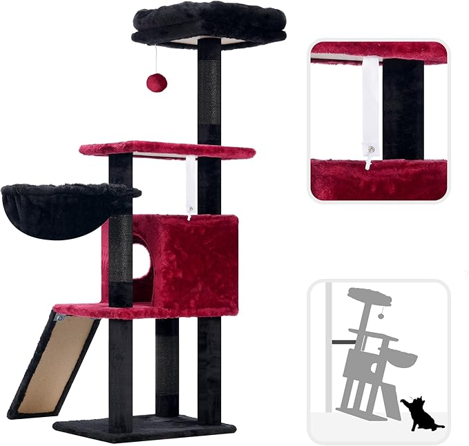 Hey-brother Gothic Cat Tree, 42.5-Inches Cat Tower for Indoor Cats, Plush Multi-Level Kitten Cat Condo with Scratching Post,Ramp, Basket, Spacious Cat Cave, Hanging Ball, Black and Red MPJ007SBR