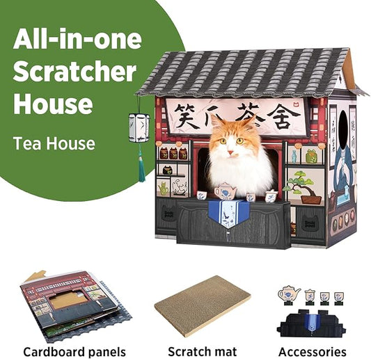 Cat Beds for Indoor Cats, Cardboard House with Scratchers, Tea House, Large Sturdy Cat Furniture Condo Cave Tent, Easy to Assemble Pet Toys Accessories Stuffs, Bunny Small Animals