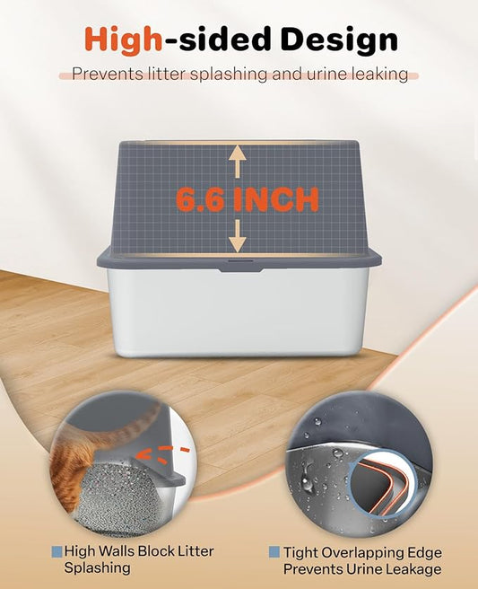 Stainless Steel Litter Box with Lid, 23.5" L x 15.8" W x 12.6" H, XL Metal Cat Box for Big Cats, High Sided Kitty Litter Box with Scoop & Pee Pads, Non-Sticky, Anti-Leakage, Easy to Clean (Gray)