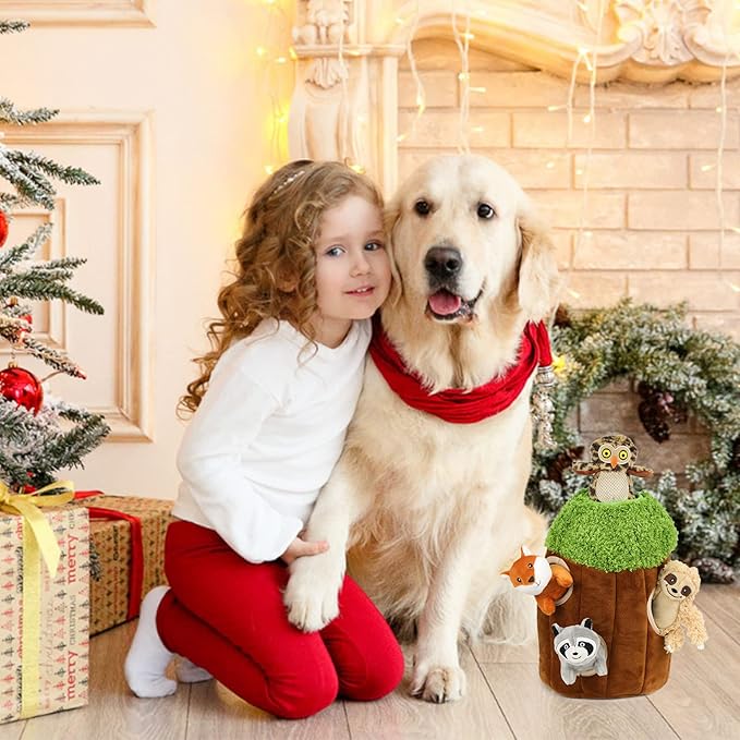 Hide and Seek Dog Puzzle Puppy Toys, Interactive Squeaky Plush, Stuffed Toys for Dogs, Small Size(Sheep, Panda, Forest Animals) (Tree Hole Mix Medium)