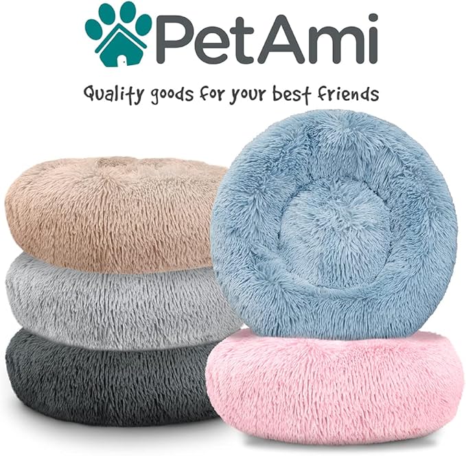PetAmi Calming Dog Bed for Small Medium Dog Cat, Round Donut Dog Bed Washable, Fluffy Faux Fur Plush Cuddler Pet Kitten Cushion Bed, Anti-Slip, Fits up to 45 lbs, 30 inch, Pink