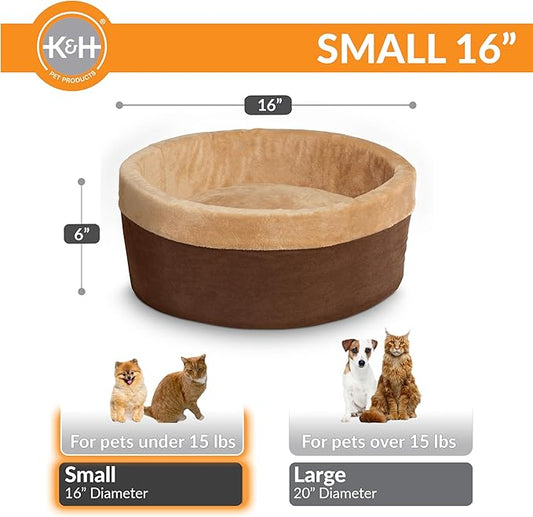 K&H Pet Products Thermo-Kitty Bed Heated Cat Beds for Indoor Cats & Dogs, Calming Warming Pillow Pet Bed, Machine Washable, Removable Heater, Safety Listed - Small 16" Round Mocha/Tan