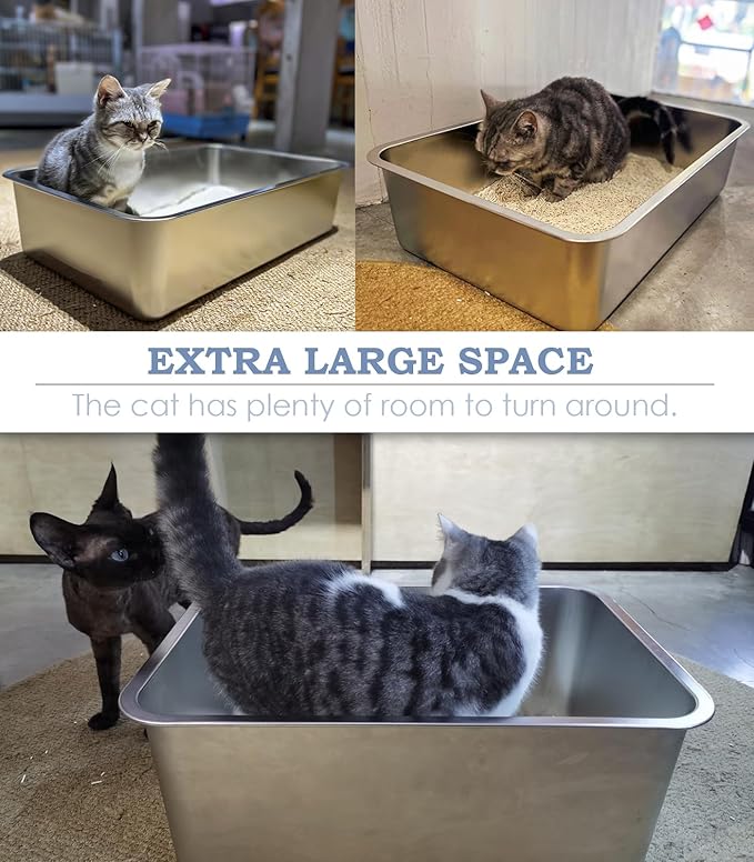 Stainless Steel Cat Litter Box, 6in Cat Litter Pan for Large Cats and Rabbits, Extra Large Metal Litter Box High Sides Odor Control Anti-Corrosion Nonstick