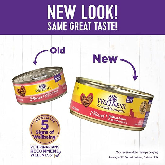 Wellness Complete Health Sliced Adult Wet Cat Food, Natural, Protein-Rich, Grain Free, 5.5 Ounce, 24 Pack, (Salmon Entrée)