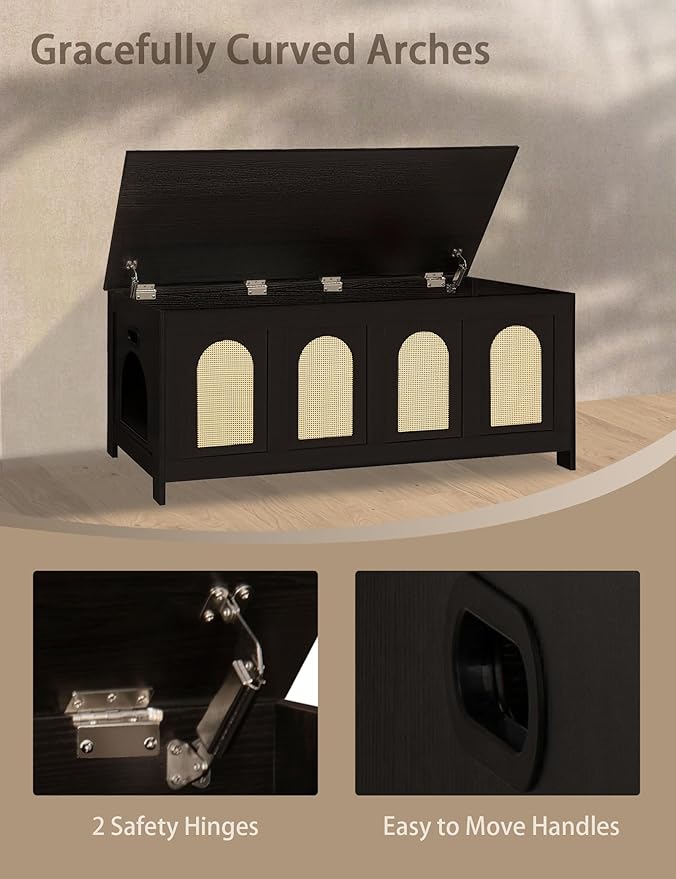 DINZI LVJ Cat Litter Box Enclosure, Flip Top Litter Box Furniture, Rattan-Like Hidden Cat Washroom, Wooden Pet House, End Side Table, 47.2"L x 18.7"W x 19.7"H, Easy to Assemble, Espresso with Rattan