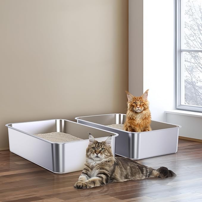 Stainless Steel Litter Box, 23.6"x15.7"x6"(Height) Metal Litter Box 4 Pack,Easy to Clean,Non Stick No Smell Steel Cat Litterbox,XL