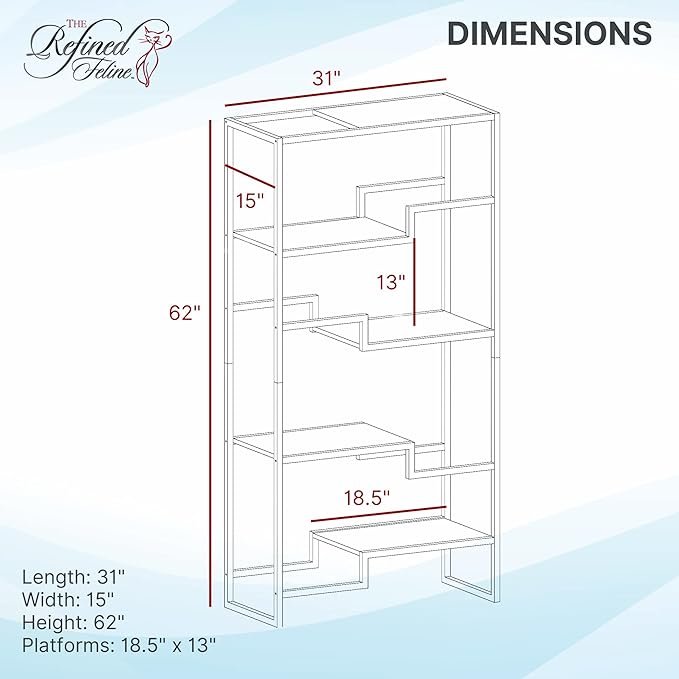 Refined Feline Metropolitan Cat Condo - 62 Inch Tall Modern Cat Tower, Black Metal Frame, Multi-Level, White Platforms & Scratching Post