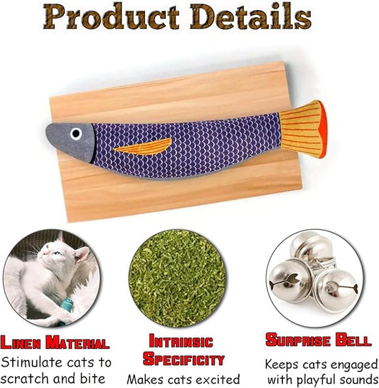 Cat Toys for Indoor Cats, 3 Catnip Fish Kicker with Little Bell Sound and Bonus Rope Toy, Soft and Durable Interactive Cat Fish for Kitten Exercise, Teething, and Play