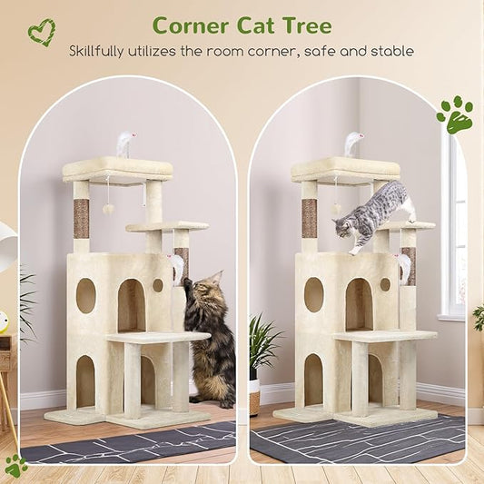 Globlazer Cat Tree Tower for Indoor Cats, 50-inch Adult Cat Tree House for Large Adult Cats with Steps, Scratching Post, 2 Cat Caves, Dangling Toys, FC50, Beige