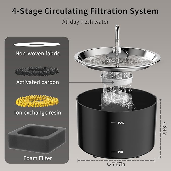 Cat Water Fountain Stainless Steel,3 L/ 101 oz Pet Water Fountain with 5-Stage Circulating Filtration System,Cat Fountain with Quiet Pump for Cats, Dogs (4 Filters + 4 Sponges)