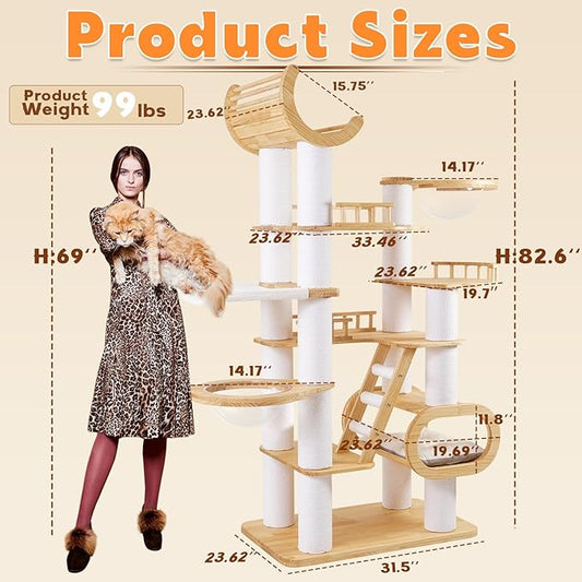 82.6'' Large Maine Coon Cat Tree,Luxury Wooden Cat Tower for Indoor Big Cats Adults 20lbs,XXL Heavy Duty Cat Condo with Big Cat Bed,Hammock,2*Clear Bowl,Platform with Fence,Sisal Ladder,Cat Furniture