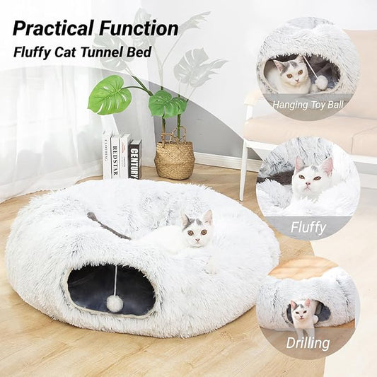 LUCKITTY Warm Fluffy Plush Cat Dog Tunnel Bed with Washable Cushion-Big Tube Playground Toys 3 FT Diameter Longer Crinkle Collapsible 3 Way, for Indoor Cat Kitty Kitten Puppy Rabbit Ferret White