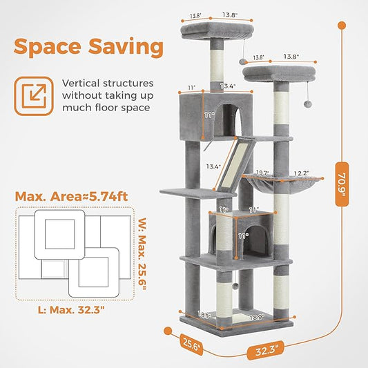 PAWZ Road 70 Inch Cat Tower, Tall Cat Tree with 2 Cozy Condos, 2 Plush Perch, Large Basket, 2 Scraching Pad & 6 Scraching Posts for Indoor Cats Large Adult, Gray