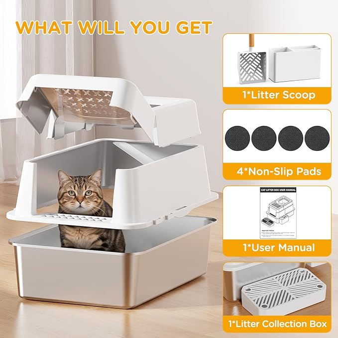 Stainless Steel Litter Box with Lid, XL Closed Metal Litter Box Modular Design with Flip Lid Fits All Cats, Extra Large Covered High Sided Cat Box, Scoop, Non-Sticky, Easy Cleaning, White