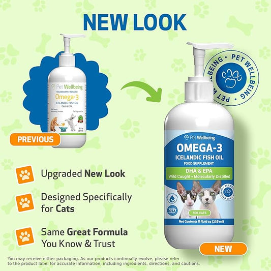 Pet Wellbeing Omega-3 Icelandic Fish Oil for Cats - Wild-Caught, Cold-Water Fish, Healthy Skin and Coat, Joint Health and Mobility, Fatty Acids, Anchovies, Sardines - EPA, DHA - 8 fl oz (236 ml)