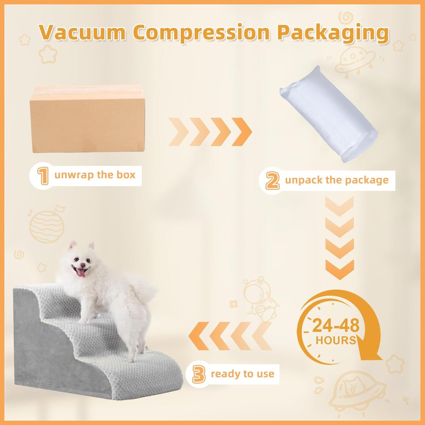 MIHIKK Dog Stairs Ramp, Curved 3-Step Dog Steps for Small Dogs and Cats, Pet Stairs for High Beds and Couch with Anti-Slip Washable Cover and Durable High Density Foam, Grey