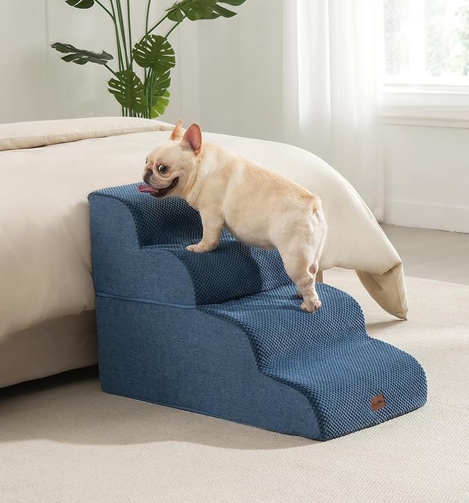 Made4Pets Dog Stairs Ramp for Bed, 4-Step Dog Steps for High Bed Couch Sofa Climbing, 35D Foam Pet Steps for Small Dogs and Cats, Non-Slip Bottom Pet Stairs, Navy