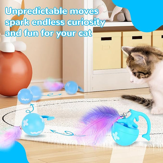 Interactive Moving Cat Toy Ball - Self-Play for Indoor Cats, Kittens to Adults | Smart Obstacle Avoidance, LED Light | Quiet on Carpet, Fur-Proof, USB Rechargeable