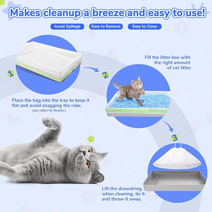 Litter Box Liners Compatible with Pet Scoop free Self-Cleaning Box 30 Count Drawstring Cat Litter Waste Bags for Reusable Tray - Disposable Tray Refills, Tear-resistant - Leak-proof Cat Poop Bags