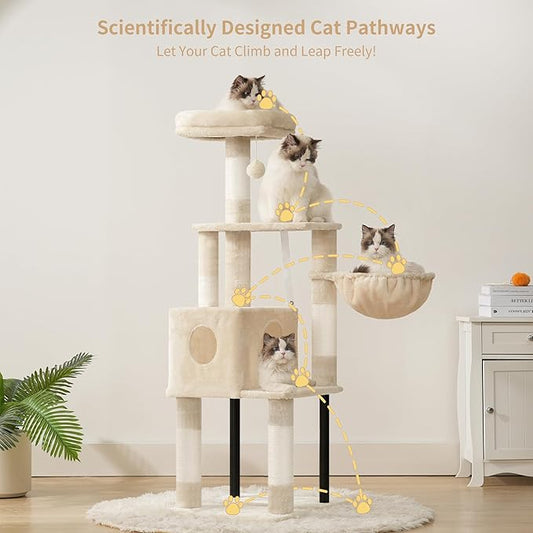Heybly Cat Tree, 49.2 Inches Cat Tower for Indoor Cats, Spacious Cat House Condo with Hidden Space,Sturdy Steel Tube,Soft Plush Top Perch,Cozy Hammock and Sisal Scratching Posts, Beige HCT200SM
