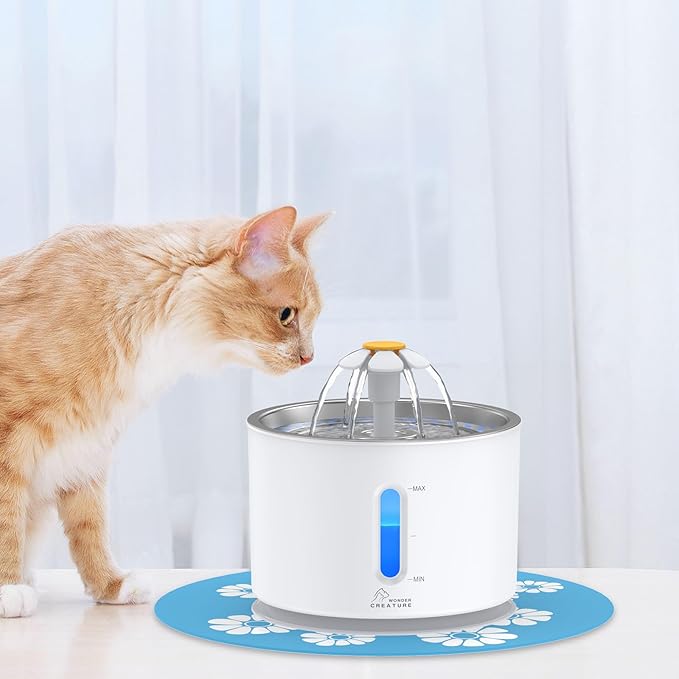 Wonder Creature Cat Water Fountain Stainless Steel, 81oz/2.4L Cat Fountain with Water Level Window and LED Light for Water Shortage Alert, Cat and Dog Fountain with 3 Filters and 1 Mat