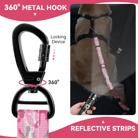 Pawaboo Dog Seatbelt for Car, 3-in-1 Dog Seat Belt Bungee, Shockproof Dogs Tether with Buckle & Hook Latch, Adjustable Reflective Dogs Cars Harness Leash with 360° Lockable Buckle, Pink Camouflage