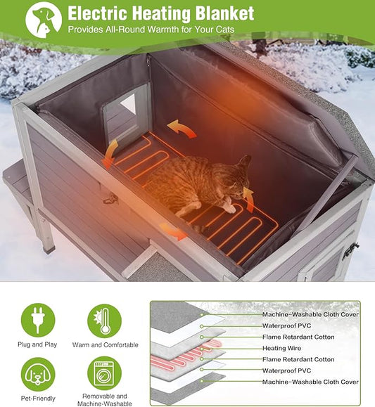 GUTINNEEN Heated Cat House with Bite-Resistant Wires, Insulated Cat House Outdoor with Detachable Lining, Expandable Feral Cat Shelter with Weatherproof Roof