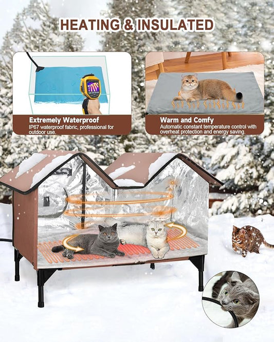 Extra Wide Large Heated Cat House for Outside, Elevated Waterproof Outdoor Cat House Weatherproof for Winter, Insulated Outdoor Cat Shelter with Escape Doors and Heating Pad for Multiple Cats, Brown