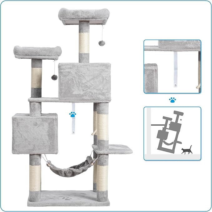 Hey-brother Large Multi-Level Cat Tree Condo Furniture with Sisal-Covered Scratching Posts, 2 Bigger Plush Condos, Perch Hammock for Kittens, Cats and Pets Light Gray MPJ020W