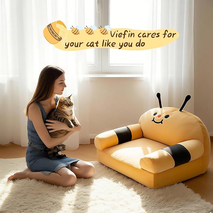 Cute Cat Couch with Soft Pillow, Supportive Dog Couch, Cat Sofa with Removable Cover,Cute Bee Shaped, 24 Inch