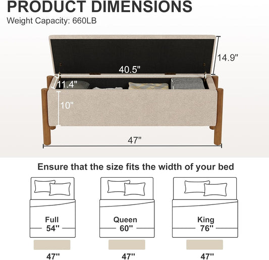 Storage Ottoman Bench, End of Bed Bench for Bedroom, 47" Boucle Upholstered Entryway Shoe Seat Bench, Holds up to 660 lb Storage Ottoman, Padded Blanket Chest Stool Foot Rest for Living Room Beige