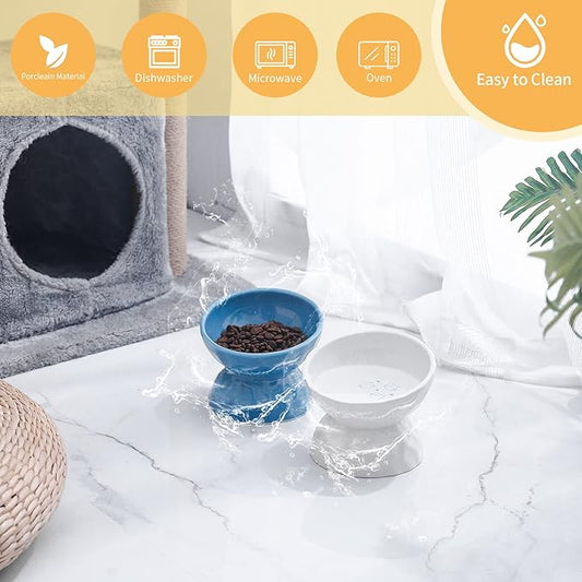 AOMRYOM Raised Cat Food Bowl, Ceramic Elevated Tilted Cat Bowls, Pet Bowl Dish Set for Cats and Small Dogs, Protect Cat's Spine, White & Blue, Set of 2, Dishwasher and Microwave Safe