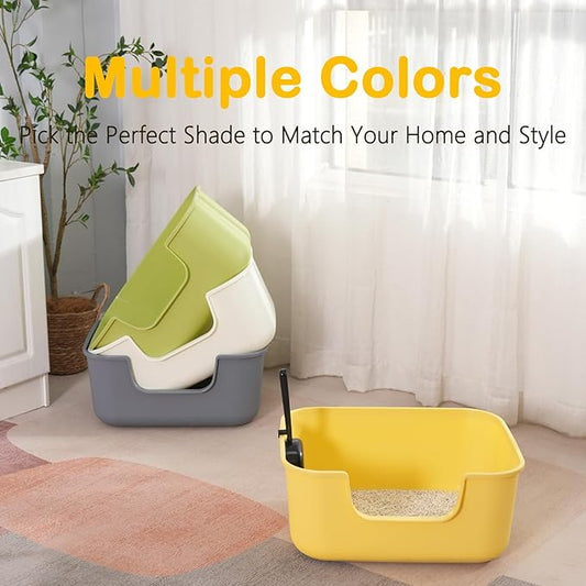 Large Cat Litter Box with High Sides,Cat Boxes for Indoor Cats,Cat Litter Pan for Kitty,Litter Box with Low Entry,Easy to Clean,Anti-Splashing (White)