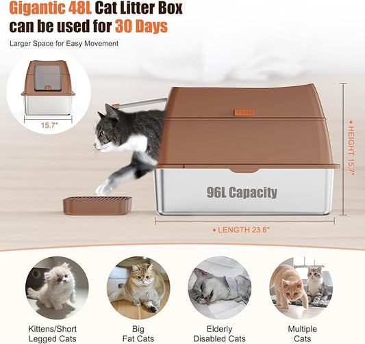 Stainless Steel Cat Litter Box with Lid Extra Large Open-Top Dual Entry Enclosed Metal Pan Tray with High Sides Pedal Scoop Non-Stick Anti-Leakage Easy Cleaning for Big Multi-Cat (Brown)