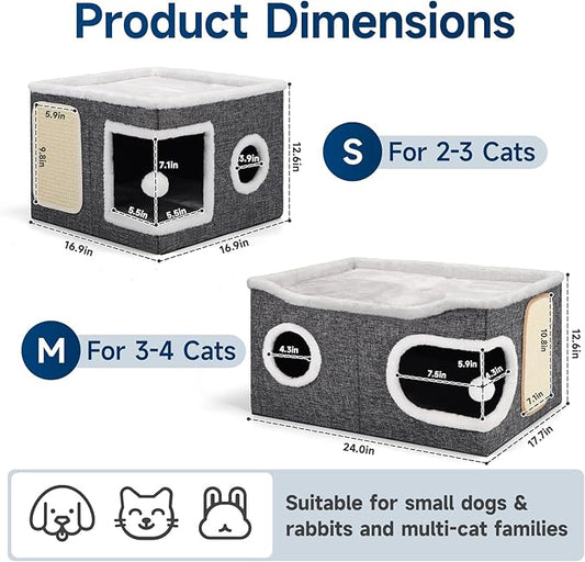Cat Beds for Indoor Cats, Extra Wide Cat Cube House for Multi Cats, Foldable Cat Cave Hideaway with Arc-Edge Design & Oval Door, Double-Side Soft Cushion for All Seasons, 24"L x 17.7"D x 12.6"H, Grey