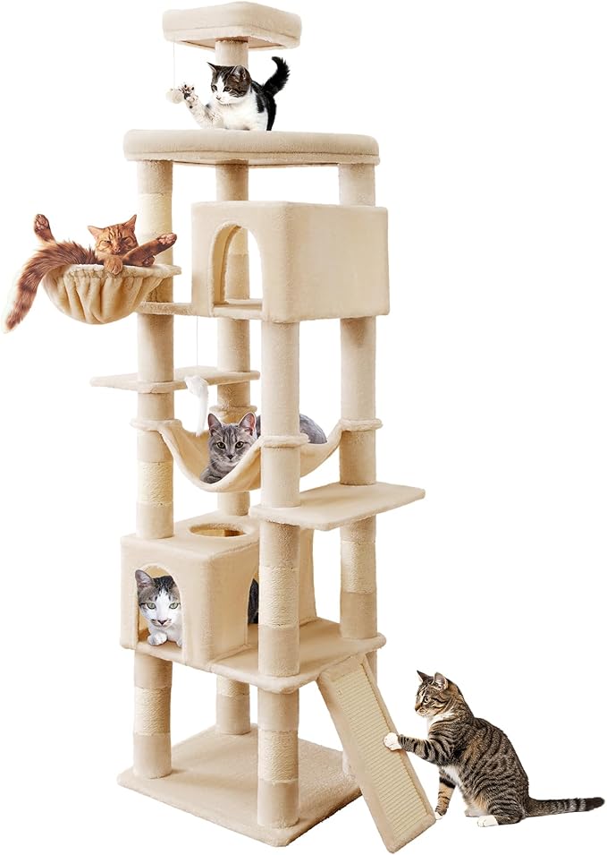 AMHANCIBLE Large Cat Tree, 83 Inch Multi-Level Tall Tower for Indoor Adult Cats, with Scratching Post and Board, Hammock, Condos, Hanging Basket, Activity Center to Play and Sleep, Beige, PT21BG