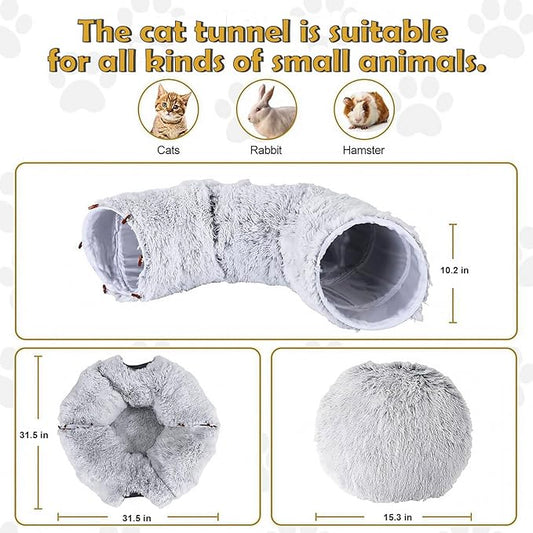 CLKHOWL Cat Tunnel Bed for Indoor Cats - Cute Cat Donut Tunnel with Washable Circle Cushion, Round Pet Play Toy for Kitten/Puppy/Rabbit, Grey