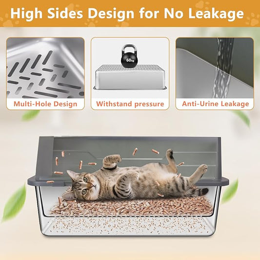 ELEGX Enclosed Pine Litter Sifting Cat Litter Box, XXXL Extra Large 28" L×20" W for Big Cats,Metal Litter Box with Screen Mesh,High Sided Enclosure,25 Pack Litter Bags & Scoop,Easy Cleaning