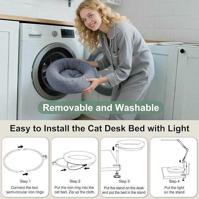 Cat Desk Bed with Desk Lamp - Cat Bed with 360 Rotation & Adjustable Height - Soft & Comfortable Hammock