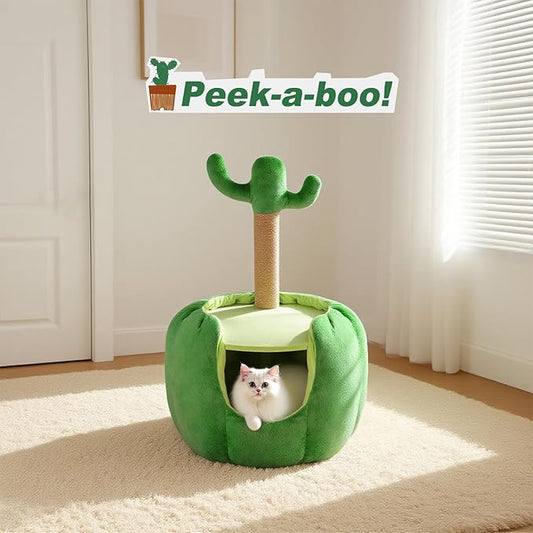Cat Houses for Indoor Cats, Small Cat Tree with Sisal Ropes and Plush Perch, Cute Cat Bed Cave with Soft Pillow, Cactus Design