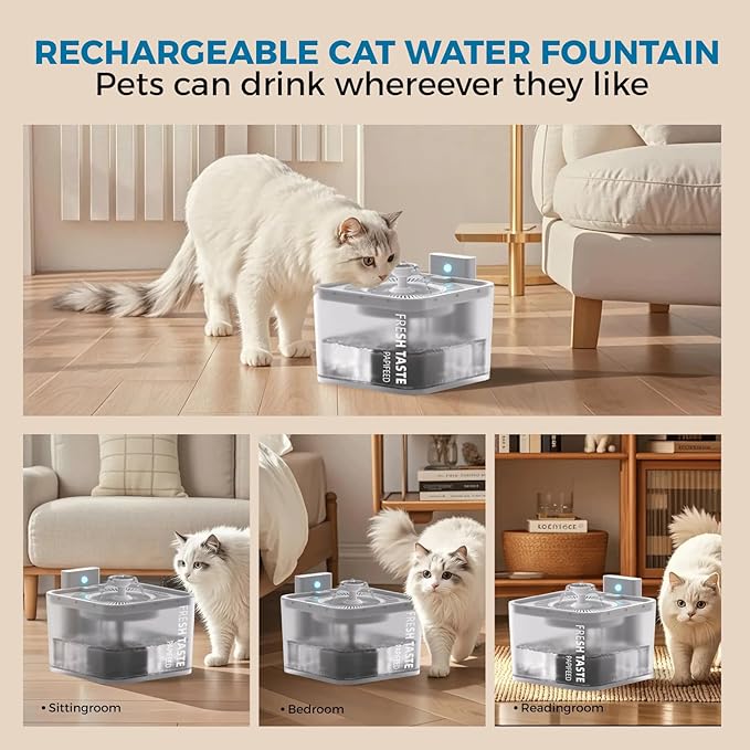 PAPIFEED Wireless Cat Water Fountain, 106oz/3L Battery Operated Pet Water Fountain Cordless for Cats Indoor, Automatic Cat Drinking Dispenser with Motion Sensor, Leak-Proof Silicone Pad Included White